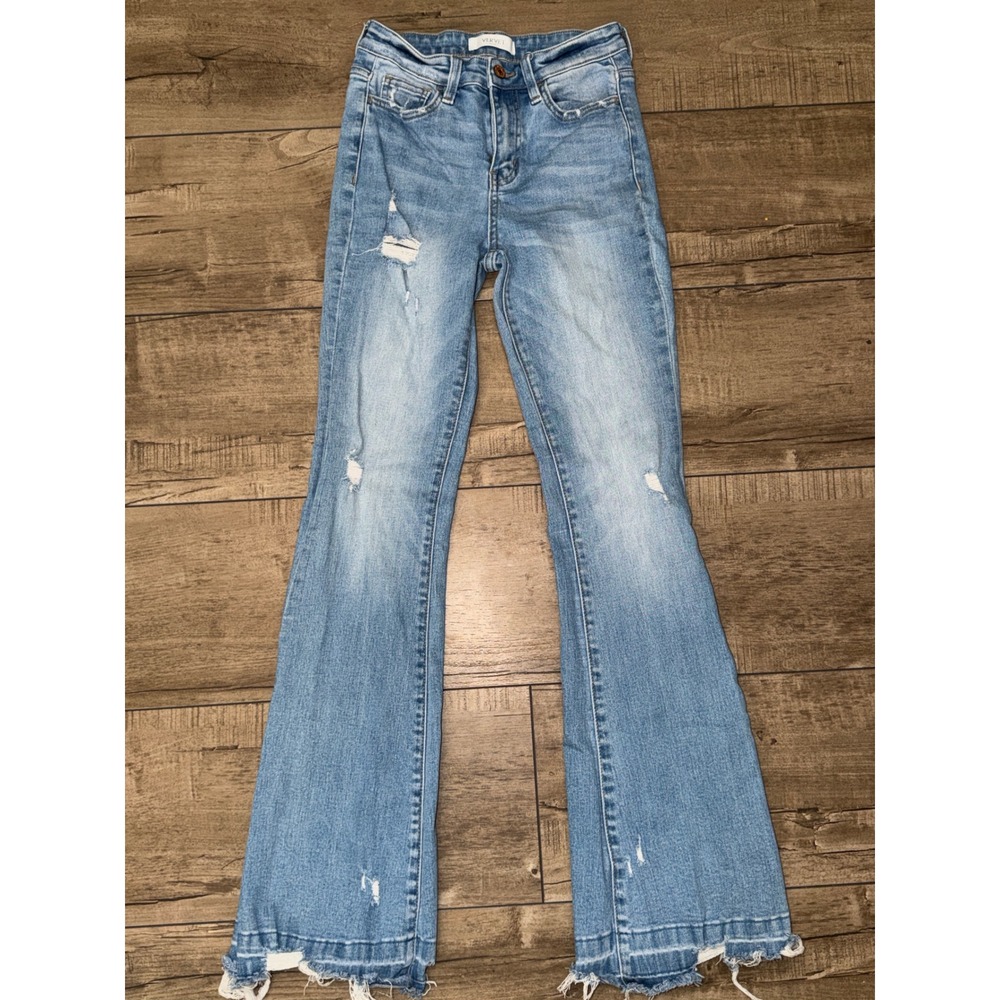 Vervet Blue High Rise Distressed Flare Jeans Light Wash Frayed Hem T5462 Size 26